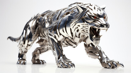 A sculpture of a tiger on a white surface, metal tiger statue