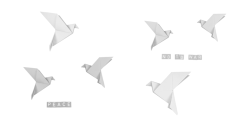 Set of white paper doves, peace sign.