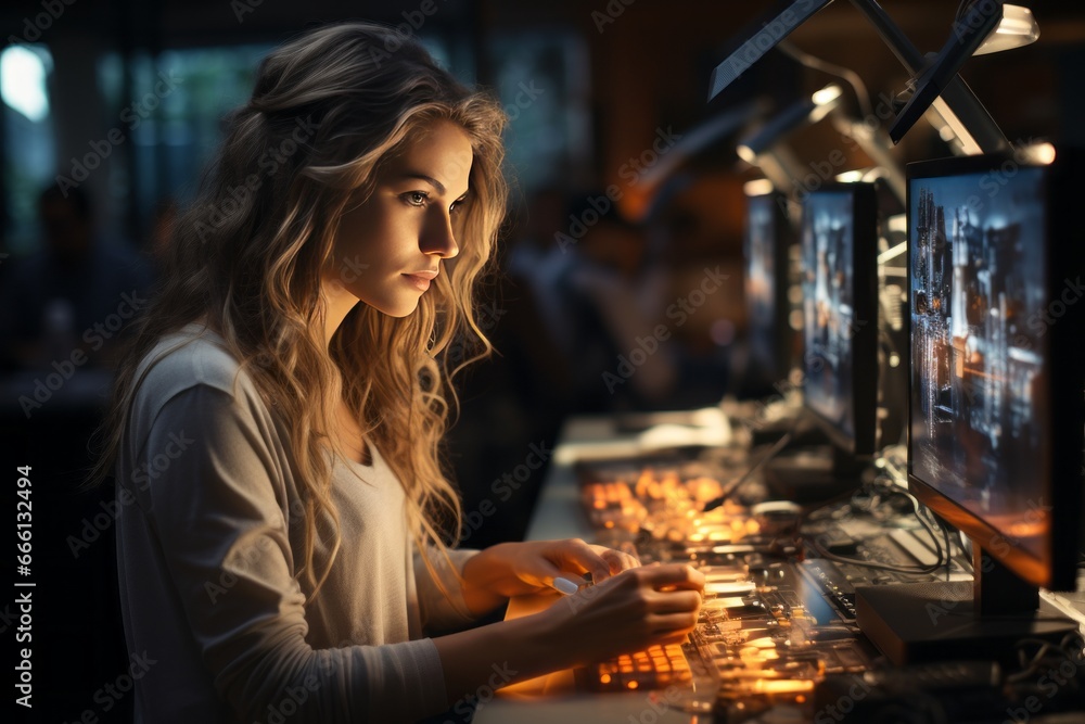 Poster female it specialist sits in a dark office and looks at several monitors with her hands on the keybo