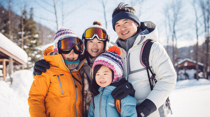 雪山のスキー場で笑顔のアジアの家族 family smiling in snow ski resort - obrazy, fototapety, plakaty
