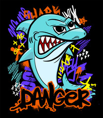 T-shirt print with Cartoon Shark and graffiti. Vector illustration on black background.