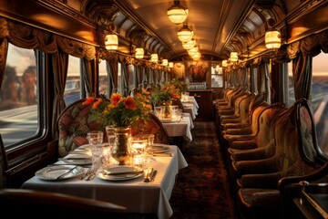 Spacious Dining interior train. Food carriage. Generate Ai - obrazy, fototapety, plakaty