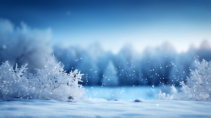 Beautiful winter snow background banner with snowdrifts, with beautiful light and snow flakes on the blue sky, beautiful bokeh circles, copy space, Ai generative. - obrazy, fototapety, plakaty