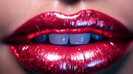 close up of red glitter lips - obrazy, fototapety, plakaty