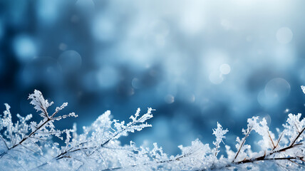 Beautiful winter snow background banner with snowdrifts, with beautiful light and snow flakes on the blue sky, beautiful bokeh circles, copy space, Ai generative. - obrazy, fototapety, plakaty