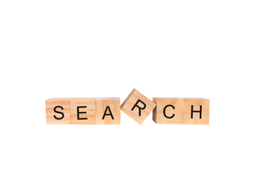 Placing a wooden cube block with the text " search " isolated on white background. Business concept for a successful growth process.PNG