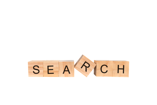 Placing a wooden cube block with the text " search " isolated on white background. Business concept for a successful growth process.PNG