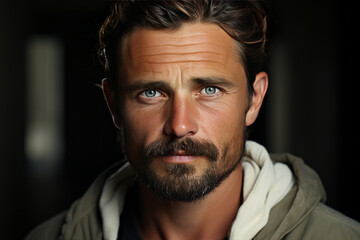 Obraz premium Close-up portrait of middle-aged Caucasian man wearing hoodie with positive confident look. Handsome mature guy with gray eyes, fashionable hairstyle and beard. Dark blurred background.