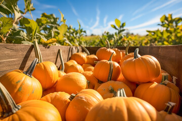 Close up of pumpkins in wooden box on pumpkin patch farm in background of farm autumn. Agriculture concept of production and shipping.