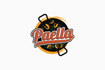 paella logo with delicious paella dish and beautiful lettering for restaurant, cafe, etc.