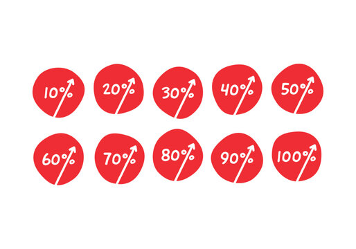 10, 20, 30, 40, 50, 60, 70, 80, 90, 100 percent symbols. 10 steps percent symbols in circle. up arrow signs and percent numbers