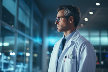 Fototapeta premium Portrait of mature male doctor in white medical coat wearing glasses. Middle-aged Caucasian clinician with stethoscope against the background of medical facility. Experienced therapist in a hospital.