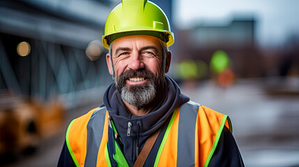 Portrait of a satisfied construction site manager in a safety vest and yellow helmet at a construction site