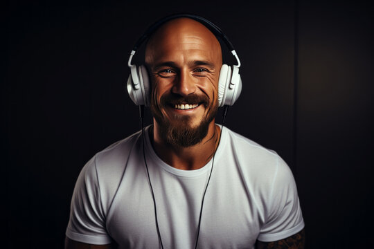 Close-up portrait of handsome middle-aged man in T-shirt wearing white headphones. Mature hipster with shaved head and beard listening to music and smiling happily. Isolated on black background.