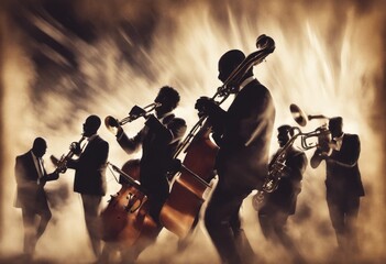  jazz orchestra on stage - obrazy, fototapety, plakaty