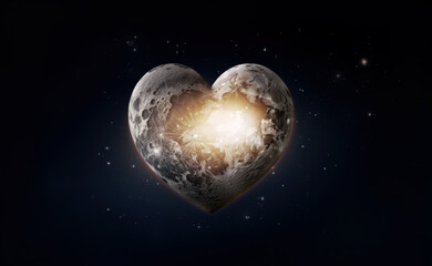 Romantic heart shaped Moon and stars at night
