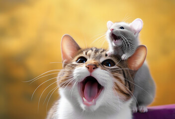 A funny portrait of a cat and a mouse with their mouths open - obrazy, fototapety, plakaty