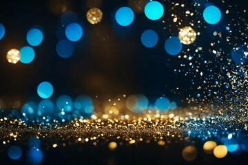 defocused banner with blue, gold, and black tones, stunning blue and gold glittering backdrop, elegant abstract glitter lights background