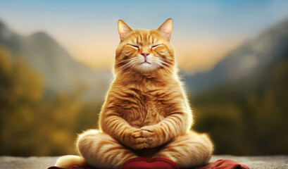 Portrait of a ginger cat meditating - obrazy, fototapety, plakaty