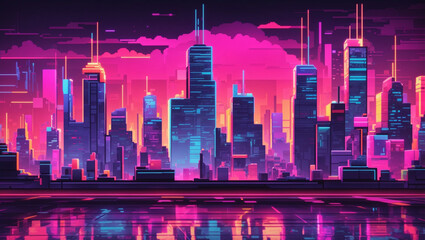 Pixelated Neon Cityscape Create a futuristic cityscape backdrop with pixelated blocks in vibrant neon colors. - obrazy, fototapety, plakaty