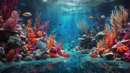Fototapeta na wymiar Otherworldly underwater backdrop filled with abstract marine life and vibrant aquatic hues.