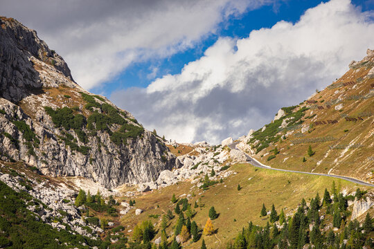 Stunning view westward at the top of the Valparola Pass in the Dolomite Mountains, Italy