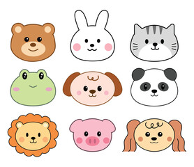 Cute animals face cartoon. Bear, dog, cat, frog, rabbit, pig, lion, panda for icon, avatar, element and illustration