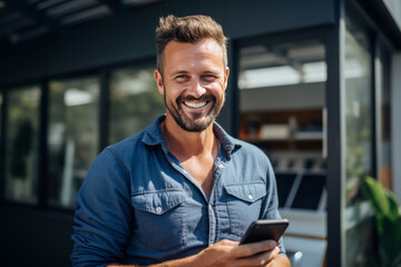 Smiling middle-aged man with a smartphone against the background of solar panels. Experienced entrepreneur runs a business installing solar panels. Alternative energy and smart home technology. - obrazy, fototapety, plakaty