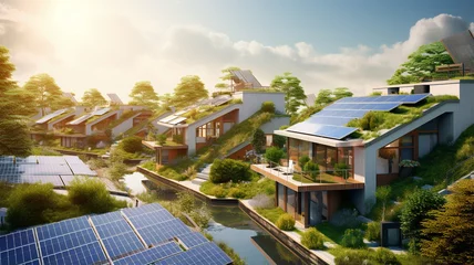 Foto op Canvas aerial view of solar panels with modern house in city © Daniel