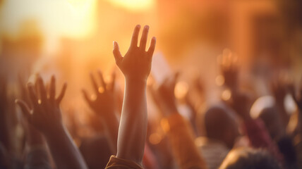 a crowd of people raising their hands at a mass party, - obrazy, fototapety, plakaty