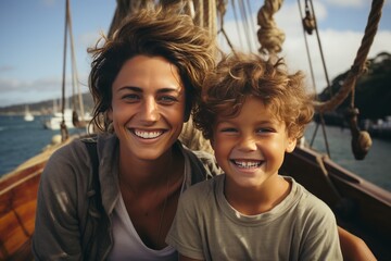 Fototapeta na wymiar Close-up portrait of a beautiful woman and her son on board a pleasure boat. Cheerful, smiling mother and boy are traveling, enjoying their time. Recreation, travel and entertainment.