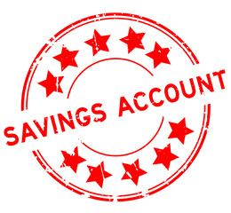 Grunge red saving account word with star icon round rubber seal stamp on white background
