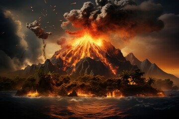 Destructive Erupting volcano top view. Heat rock. Generate Ai