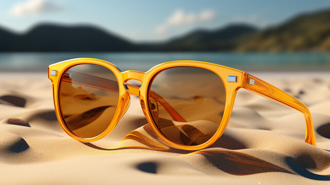 sunglasses in sand on a beach.