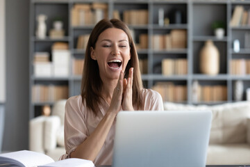 Excited woman sit at table look at pc screen clap hands feels overjoyed read good news about new...