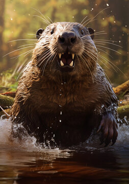 an angry beaver swims in the water. ai generated