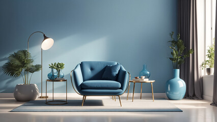 Decorate the interior of the living room with blue walls. with blue sofa chair