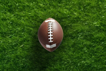 American football ball on green grass background. Top view. Copy space.