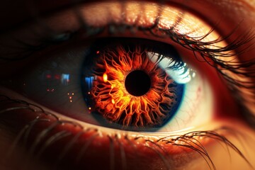 Luminous Eye closeup fire. Macro pupil. Generate Ai