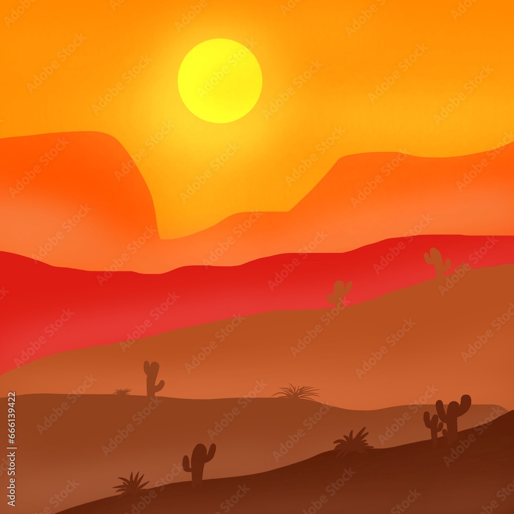 Wall mural sunset in the desert with cactuses. vector illustration.