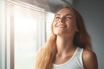 Cheerful Woman Enjoying Cooling Air Conditioner
