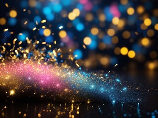 Fototapeta na wymiar defocused banner with blue, gold, and black tones, stunning blue and gold glittering backdrop, elegant abstract glitter lights background