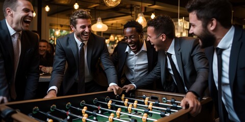 Candid laughter and high-fives exchanged over a foosball table, concept of Happy camaraderie