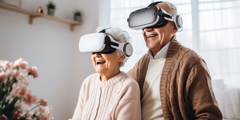 Elderly couple exploring a vr gaming setup, depicting the intersection of technology and entertainment across ages, concept of Virtual reality