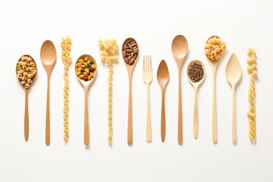 Different types of pasta and spoons on white background, top view