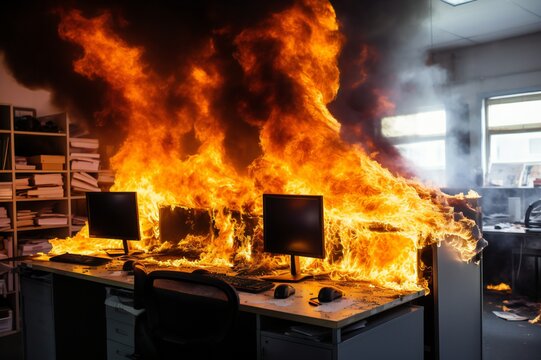 Blazing Chaos: Office Inferno Engulfs Technology