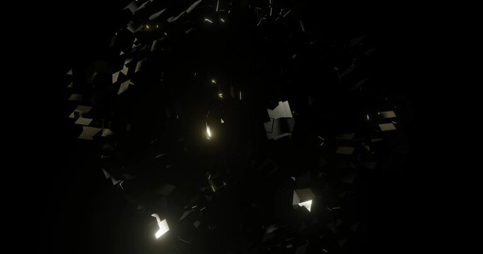 Abstract background with expanding glass ball, shiny shards, 3d rendering 4k animation, motion graphics.