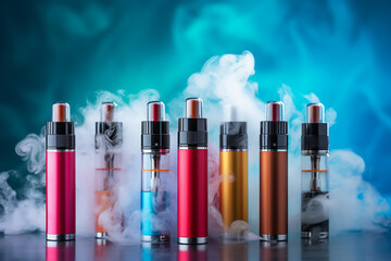 Set of colorful disposable electronic cigarettes on a blue background. The concept of modern smoking. Top view. smoke in the background. High quality photo