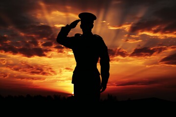 Silhouette of a Dedicated Soldier Saluting at Sunset