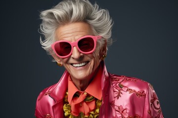 A stylish happy elderly woman with a vibrant pink ensemble including bright pink sunglasses